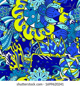 Tracery seamless pattern. Mehndi design. Ethnic colorful doodle texture. Curved doodling background. Vector