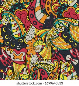 Tracery seamless pattern. Mehndi design. Ethnic colorful doodle texture. Curved doodling background. Vector