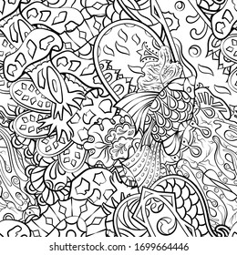 Tracery seamless pattern. Mehndi design. Ethnic monochrome binary doodle texture. Curved doodling black and white background. Vector
