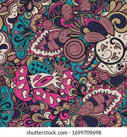 Tracery seamless pattern. Mehndi design. Ethnic colorful doodle texture. Curved doodling background. Vector