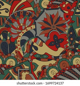 Tracery seamless pattern. Mehndi design. Ethnic colorful doodle texture. Curved doodling background. Vector