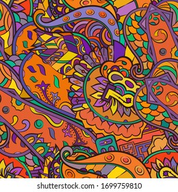 Tracery seamless pattern. Mehndi design. Ethnic colorful doodle texture. Curved doodling background. Vector