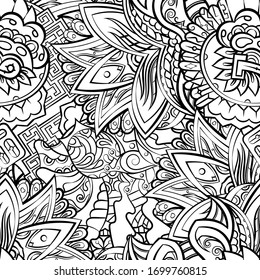 Tracery seamless pattern. Mehndi design. Ethnic monochrome binary doodle texture. Curved doodling black and white background. Vector