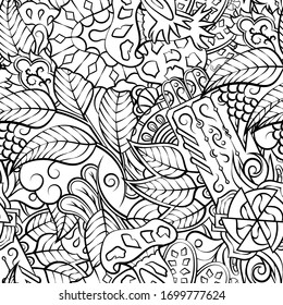 Tracery seamless pattern. Mehndi design. Ethnic monochrome binary doodle texture. Curved doodling black and white background. Vector