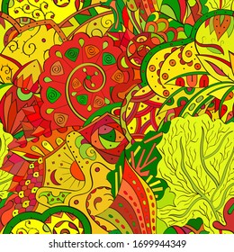 Tracery seamless pattern. Mehndi design. Ethnic colorful doodle texture. Curved doodling background. Vector