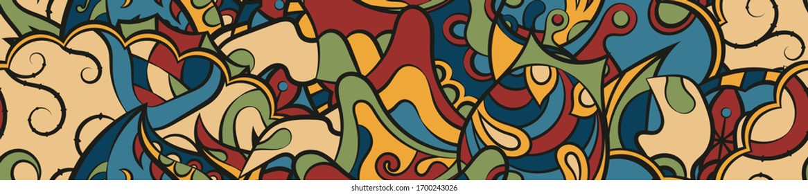 Tracery seamless pattern. Mehndi design. Ethnic colorful doodle texture. Curved doodling background. Vector