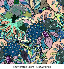 Tracery seamless pattern. Mehndi design. Ethnic colorful doodle texture. Curved doodling background. Vector