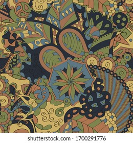 Tracery seamless pattern. Mehndi design. Ethnic colorful doodle texture. Curved doodling background. Vector