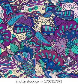 Tracery seamless pattern. Mehndi design. Ethnic colorful doodle texture. Curved doodling background. Vector