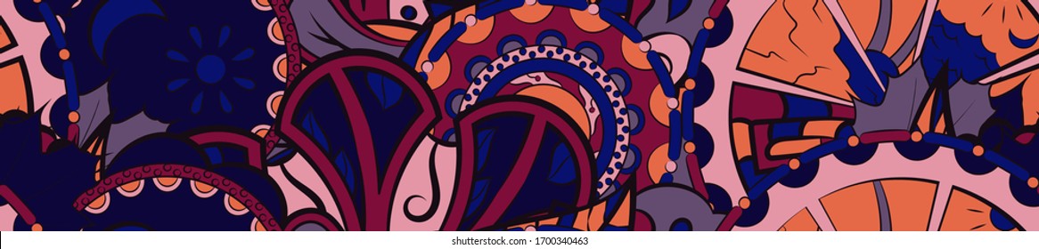 Tracery seamless pattern. Mehndi design. Ethnic colorful doodle texture. Curved doodling background. Vector