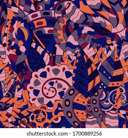 Tracery seamless pattern. Mehndi design. Ethnic colorful doodle texture. Curved doodling background. Vector
