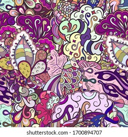 Tracery seamless pattern. Mehndi design. Ethnic colorful doodle texture. Curved doodling background. Vector