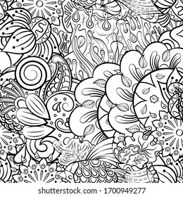 Tracery seamless pattern. Mehndi design. Ethnic monochrome binary doodle texture. Curved doodling black and white background. Vector