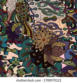 Tracery seamless pattern. Mehndi design. Ethnic colorful doodle texture. Curved doodling background. Vector