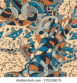 Tracery seamless pattern. Mehndi design. Ethnic colorful doodle texture. Curved doodling background. Vector