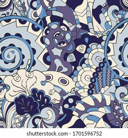 Tracery seamless pattern. Mehndi design. Ethnic colorful doodle texture. Curved doodling background. Vector
