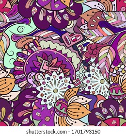 Tracery seamless pattern. Mehndi design. Ethnic colorful doodle texture. Curved doodling background. Vector