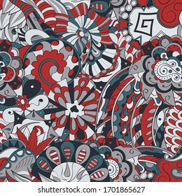 Tracery seamless pattern. Mehndi design. Ethnic colorful doodle texture. Curved doodling background. Vector