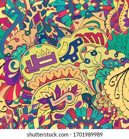 Tracery seamless pattern. Mehndi design. Ethnic colorful doodle texture. Curved doodling background. Vector