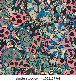 Motif harmonieux de trace. Design Mehndi. Texture ethnique colorée de gribouillis. Arrière-plan gribouillage courbe. Image vectorielle