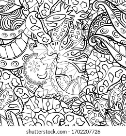 Tracery seamless pattern. Mehndi design. Ethnic monochrome binary doodle texture. Curved doodling black and white background. Vector