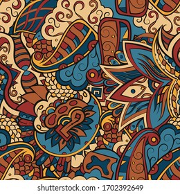 Tracery seamless pattern. Mehndi design. Ethnic colorful doodle texture. Curved doodling background. Vector