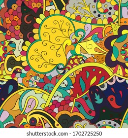 Tracery seamless pattern. Mehndi design. Ethnic colorful doodle texture. Curved doodling background. Vector