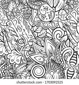 Tracery seamless pattern. Mehndi design. Ethnic monochrome binary doodle texture. Curved doodling black and white background. Vector