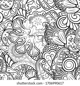Tracery seamless pattern. Mehndi design. Ethnic monochrome binary doodle texture. Curved doodling black and white background. Vector