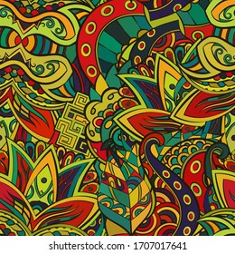 Tracery seamless pattern. Mehndi design. Ethnic colorful doodle texture. Curved doodling background. Vector
