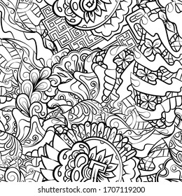 Tracery seamless pattern. Mehndi design. Ethnic monochrome binary doodle texture. Curved doodling black and white background. Vector