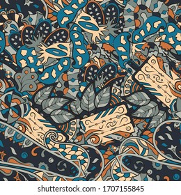 Tracery seamless pattern. Mehndi design. Ethnic colorful doodle texture. Curved doodling background. Vector