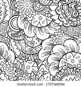 Tracery seamless pattern. Mehndi design. Ethnic monochrome binary doodle texture. Curved doodling black and white background. Vector