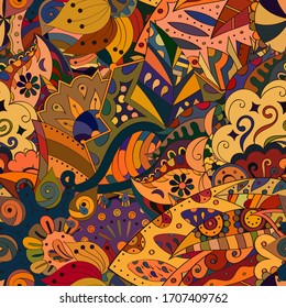 Tracery seamless pattern. Mehndi design. Ethnic colorful doodle texture. Curved doodling background. Vector