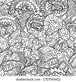 Tracery seamless pattern. Mehndi design. Ethnic monochrome binary doodle texture. Curved doodling black and white background. Vector