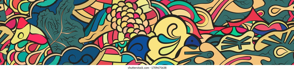 Tracery seamless pattern. Mehndi design. Ethnic colorful doodle texture. Curved doodling background. Vector