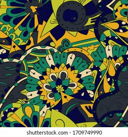 Tracery seamless pattern. Mehndi design. Ethnic colorful doodle texture. Curved doodling background. Vector