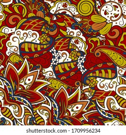 Tracery seamless pattern. Mehndi design. Ethnic colorful doodle texture. Curved doodling background. Vector