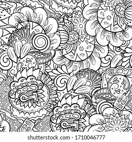 Tracery seamless pattern. Mehndi design. Ethnic monochrome binary doodle texture. Curved doodling black and white background. Vector