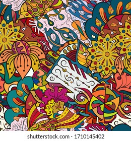 Tracery seamless pattern. Mehndi design. Ethnic colorful doodle texture. Curved doodling background. Vector