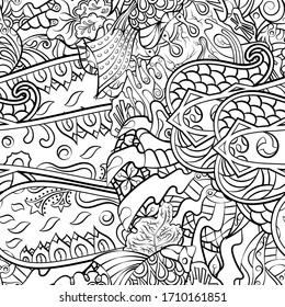 Tracery seamless pattern. Mehndi design. Ethnic monochrome binary doodle texture. Curved doodling black and white background. Vector