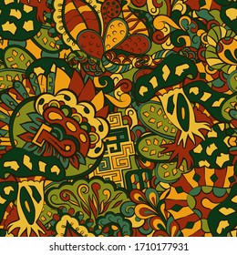 Tracery seamless pattern. Mehndi design. Ethnic colorful doodle texture. Curved doodling background. Vector