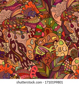 Tracery seamless pattern. Mehndi design. Ethnic colorful doodle texture. Curved doodling background. Vector