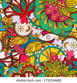 Tracery seamless pattern. Mehndi design. Ethnic colorful doodle texture. Curved doodling background. Vector