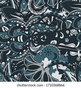 Tracery seamless pattern. Mehndi design. Ethnic colorful doodle texture. Curved doodling background. Vector
