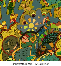 Tracery seamless pattern. Mehndi design. Ethnic colorful doodle texture. Curved doodling background. Vector
