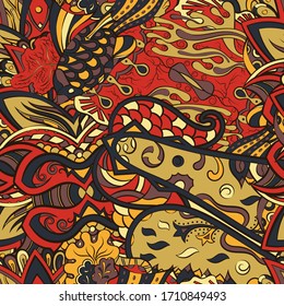 Tracery seamless pattern. Mehndi design. Ethnic colorful doodle texture. Curved doodling background. Vector