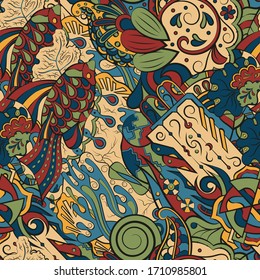 Tracery seamless pattern. Mehndi design. Ethnic colorful doodle texture. Curved doodling background. Vector