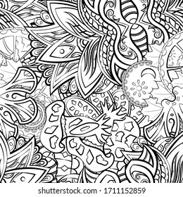 Tracery seamless pattern. Mehndi design. Ethnic monochrome binary doodle texture. Curved doodling black and white background. Vector