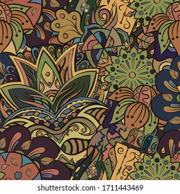 Tracery seamless pattern. Mehndi design. Ethnic colorful doodle texture. Curved doodling background. Vector